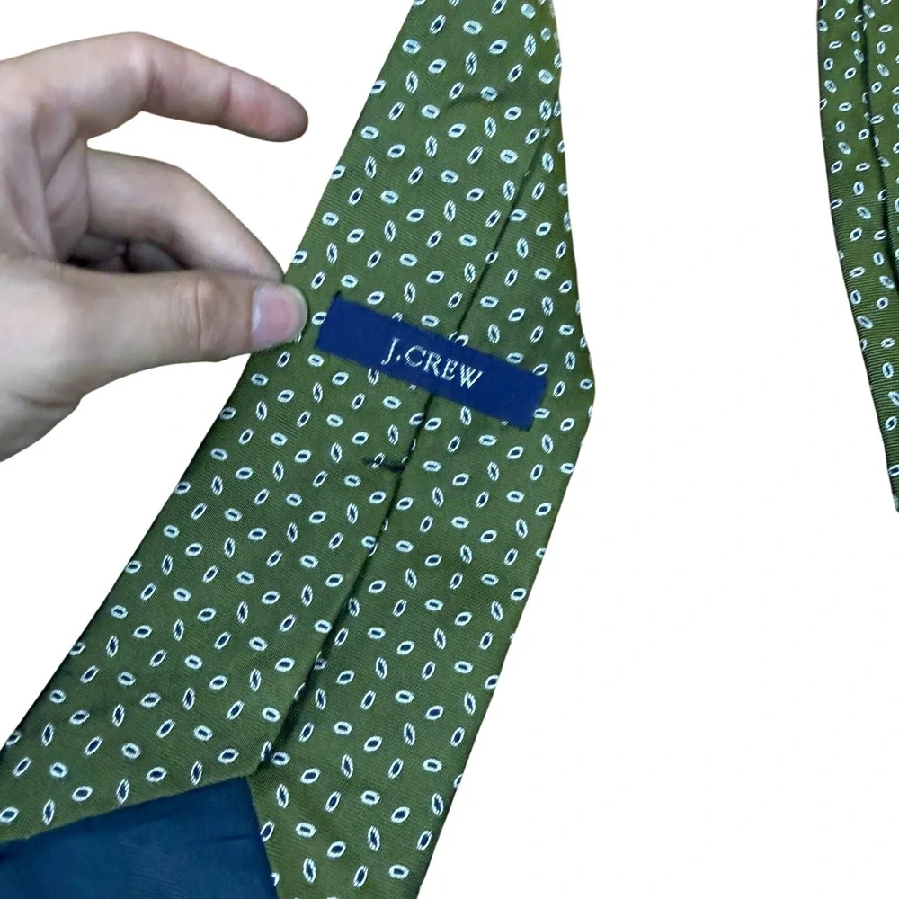 J.Crew Necktie Mens OS Olive Green Silk Geometric Micro Pattern USA Made
